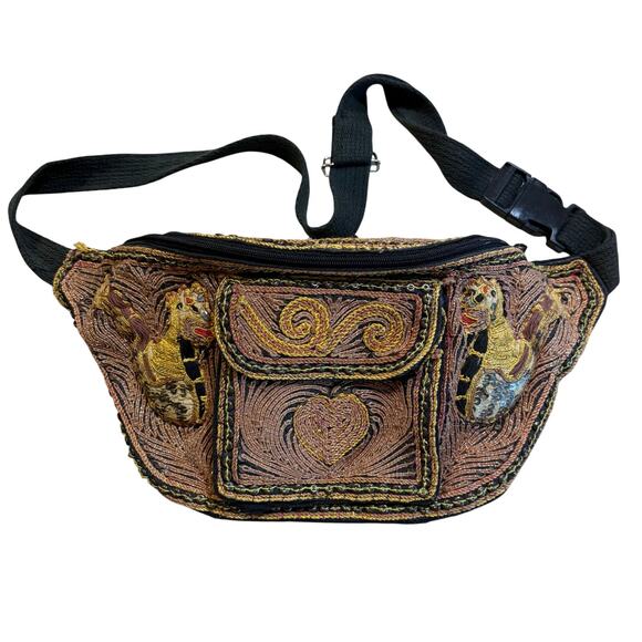 Rico Brands Handbags - Singha Lion Thai Folklore Beaded Fanny Pack BOHO Handmade - Made in Thailand